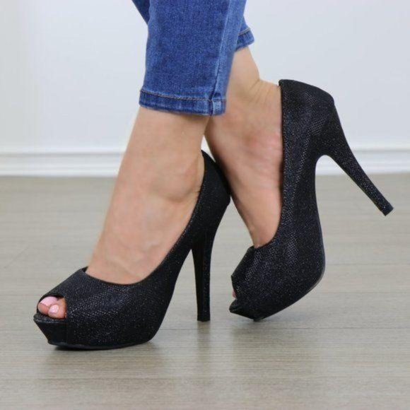 Peep Toe Platform Stiletto Glittery Fabric Heels - Picture 3 of 12